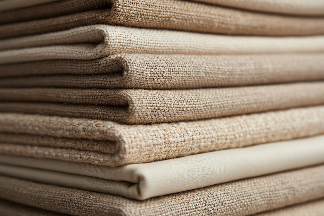 stacked neutral material. close shot of ffabric texture.